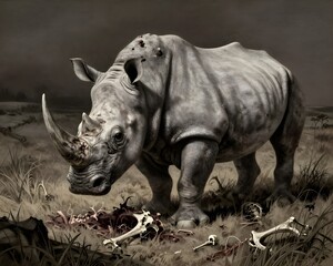 a wounded white rhinoceros in the savannah