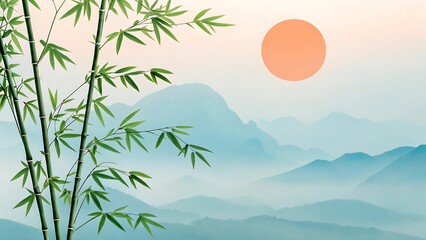 Serene mountain sunrise with bamboo