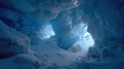 Inside a blue ice cave with snow covered floor and walls winter
