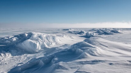 Vast frozen landscape with wind sculpted snow formations under clear blue sky winter