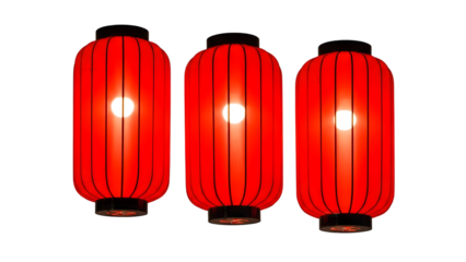 Three red chinese lanterns with black trim and bright lights inside isolated on transparent background