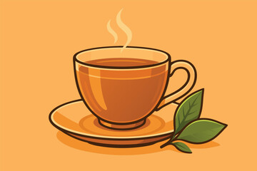 Hot Tea Cup Illustration with Green Leaves on Orange Background