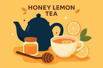 Honey Lemon Tea Illustration with Teapot Cup and Honey