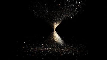 Golden particles flowing through hourglass on black background