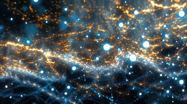 青とオレンジの光の粒子が波打つように流れる様子 - ビッグデータとネットワーク通信