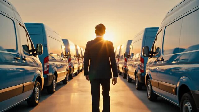 Businessman standing confidently among fleet of vans at sunset