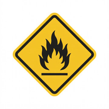 Flammable material warning sign with flame symbol on yellow background