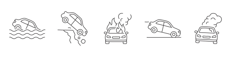 Car accident and vehicle breakdown icon set &ndash; editable outline symbols of car in water, falling from cliff, fire, rollover and engine smoke