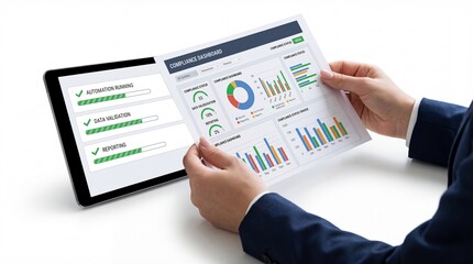 Businessman reviewing compliance documents and data on tablet and paper with graphs and charts