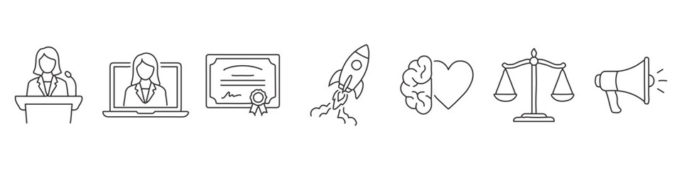 Female personal development icon set &ndash; editable outline symbols of public speaking, online training, certification, startup, emotional intelligence, justice and communication
