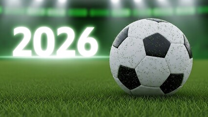 Soccer ball on grass with 2026 glowing text, stadium lights