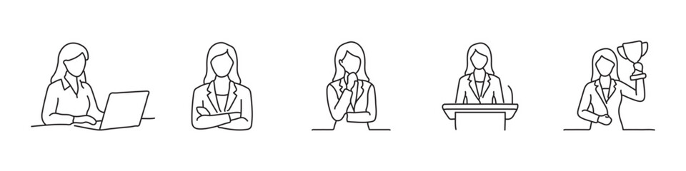 Businesswoman leadership and success icon set &ndash; editable outline symbols of female professional working, thinking, speaking and winning trophy