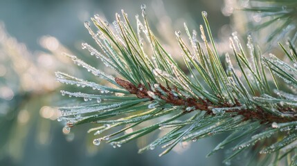 Close up of pine needles covered in frost and dew drops image