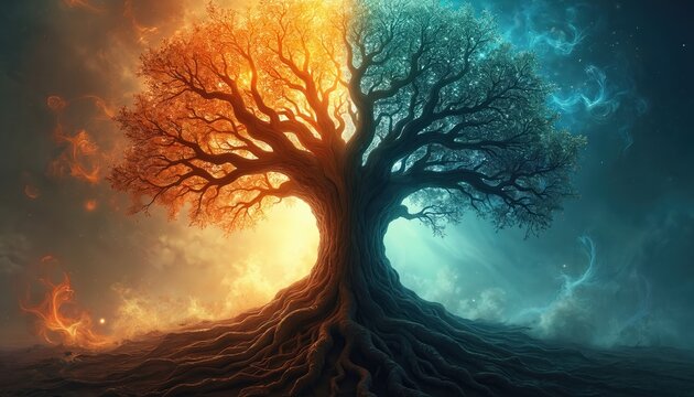A tree splits into fiery orange and cool blue halves, with massive roots spreading out. This symbolic image shows duality and balance in nature, good versus evil.