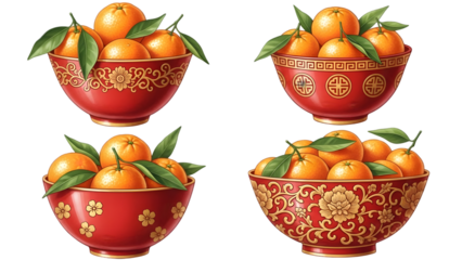 Four red bowls filled with oranges and green leaves on a transparent background
