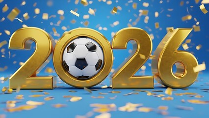 Golden 2026 numbers with soccer ball and falling confetti