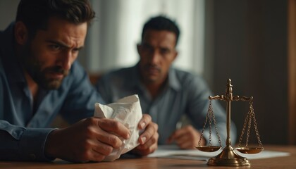 Man holds crumpled paper with worried face. Another man behind him looks concerned. Scales of justice sit on table. Legal or immigration drama unfolds.
