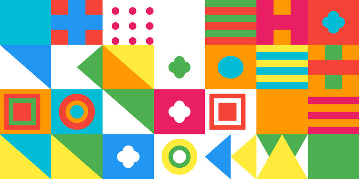 Vibrant Geometric Mosaic Background with Crosses Dots and Striped Rectangular Shapes - Powered by Adobe