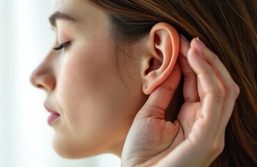 Asian woman cupping her ear to listen intently. Focused attention on sound or conversation. Concentrated expression, seeking to hear better. Body language shows active listening.