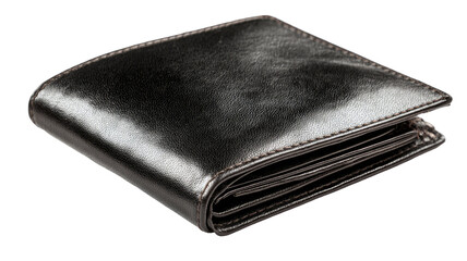 Black leather bifold wallet with smooth texture folded profile minimalist accessory product photography isolated on white background
