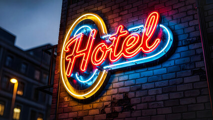 Retro Hotel Neon Sign Illuminated on Brick Wall at Night