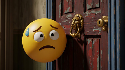 Sad yellow emoji face peeking through old wooden door with lion head doorknob and distressed paint