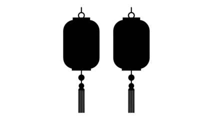Black silhouette of two traditional chinese lanterns with tassels hanging down isolated on transparent background