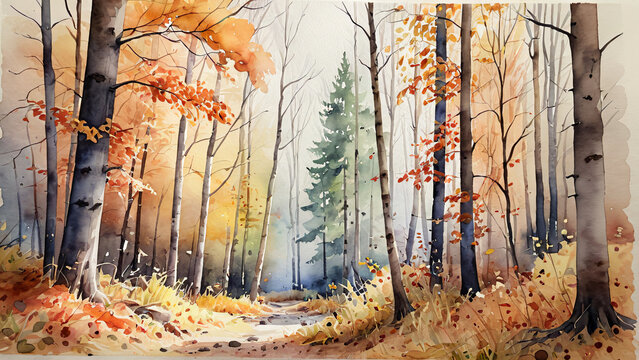 Aquarellmalerei - friedlicher Wald im Herbst