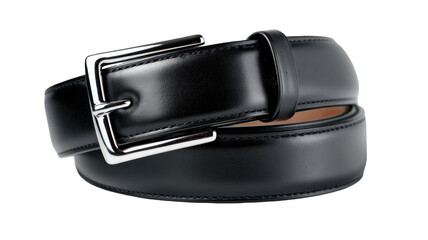 Classic black leather belt with polished silver buckle coiled neatly studio shot isolated on black background