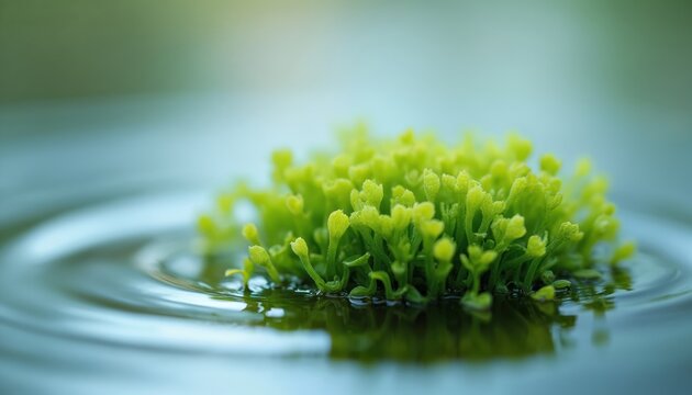 Micro plant Wolffia floats on calm water surface creating gentle ripples. Tiny green buds emerge from aquatic vegetation in serene pond habitat.