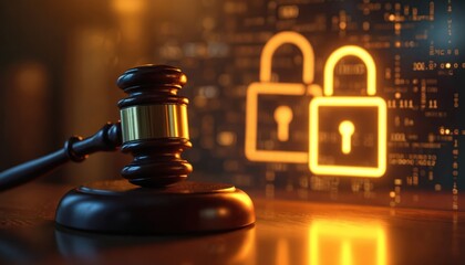 Wooden gavel rests on desk next to glowing digital padlock. Binary code background suggests online legal security and data protection. Represents justice and cyber law.