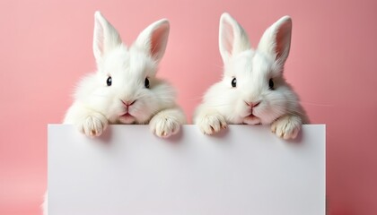 Two cute white rabbits hold blank sign. Fluffy bunnies with long ears sit on pink background. Animals present white space for custom text message. Perfect for announcements invitations Easter