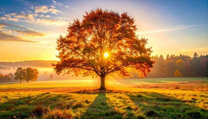 Solitary tree at sunrise in misty field