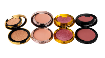 Eight open cosmetic makeup compacts displaying different shades of beautiful face powder, isolated on transparent background