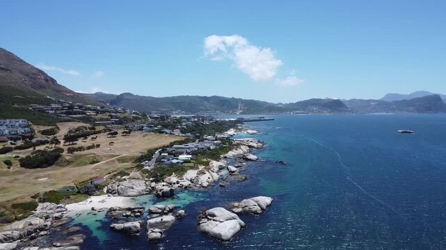 Aerial view of the coastline and ocean in Simon's Town near Boulders Beach, Cape Town, South Africa