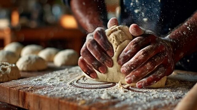 Close-up of a baker's skilled hands expertly kneading fresh dough on a floured wooden board, embodying the art of homemade bread making with passion and precision in a warm, inviting kitchen setting