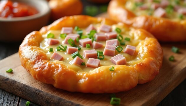 Golden brown langos topped with melted cheese and diced ham, garnished with fresh green onions. Served on a wooden board with a side of tomato sauce. Delicious Hungarian street food snack.