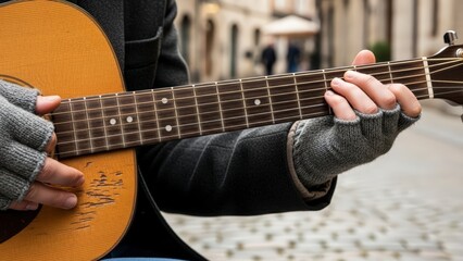 Close-up of a street musician playing an acoustic guitar outdoors.