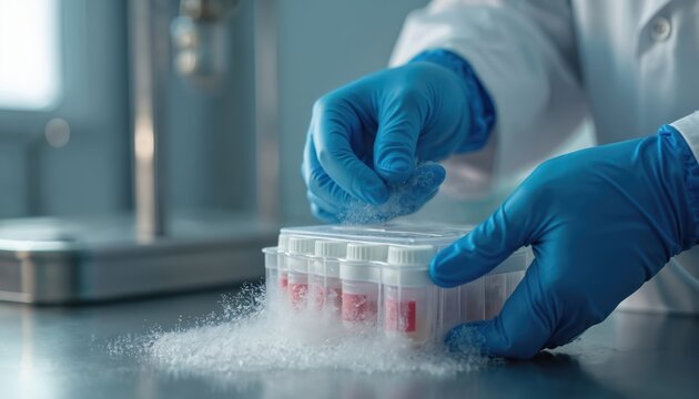 Scientist in blue gloves holds cryotubes with biological sample. Medical pro works with vials in lab. Frozen storage of cells. Future medicine research.