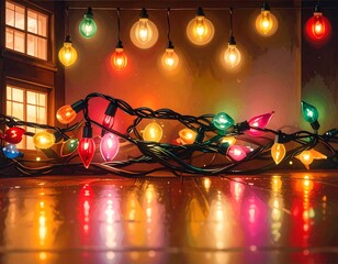 Festive Holiday Lights on Wood Floor Creating a Warm and Cozy Atmosphere at Home