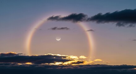 Atmospheric crescent moon and rainbow halo at sunset