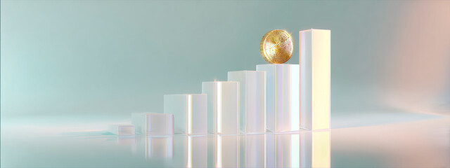White 3D bars with golden coin on pastel green background, symbolizing financial growth, business investment, and economic stability in minimal style.  banner