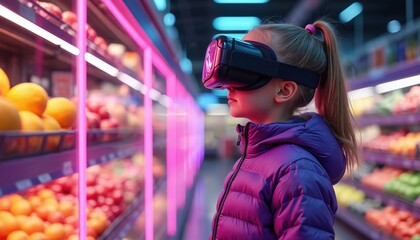 Young girl uses virtual reality headset in futuristic supermarket. Explores digital grocery aisles filled with virtual fruits, vegetables, experiencing innovative shopping. Technology meets retail in