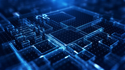 Abstract technology background showing a glowing blue circuit board pattern with layered grid lines, soft blur, and deep perspective, creating a futuristic digital texture for modern tech visuals. © agratitudesign