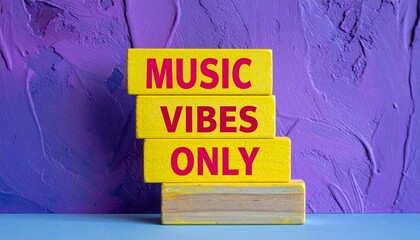 Bold pink text blocks on purple background: MUSIC VIBES ONLY.