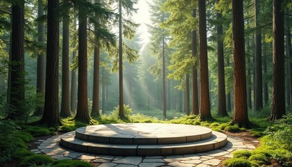 Circular stone stage sits in sunlit forest clearing surrounded by tall redwood trees and lush green moss. Stone path leads to raised platform amidst nature, tranquil woodland setting.