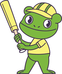 Obraz premium Smiling green cartoon frog wearing yellow shirt and cap holding bat