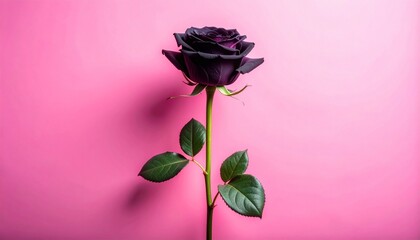 Black rose with green stem on pink background.