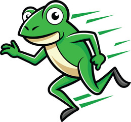 Naklejka premium Green cartoon frog running quickly with motion lines behind him fast movement