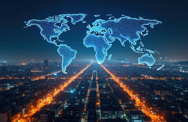 Glowing digital world map floats above illuminated city streets at night. Global network connectivity and business communication concept. Futuristic technology integration.
